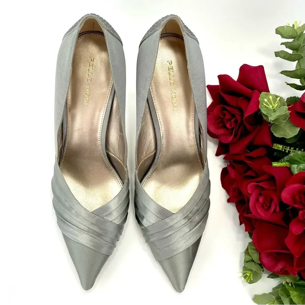 Pelle Moda Stiletto Pump Silver/Gray Satin Sparkly Rhinestone Along The Heel New
